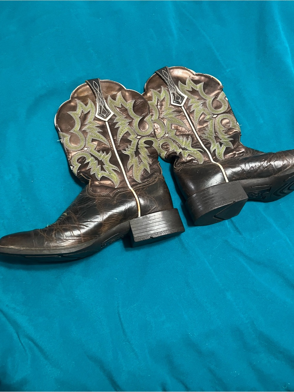 Ariat Dark Brown Leather Western Boots with Green Embroidery